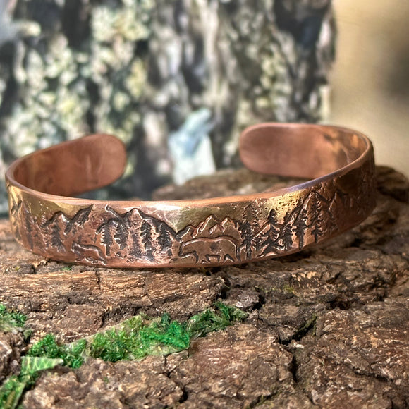 Grizzly Bear in the Mountains copper cuff bracelet