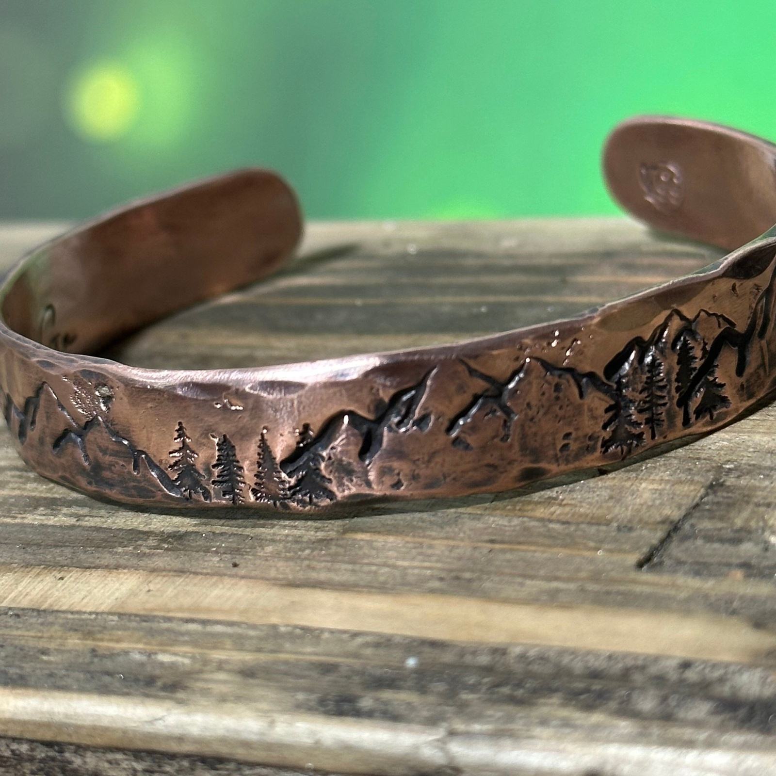 Wilderness Wonders: Custom Copper Cuff Bracelet with Mountain and
