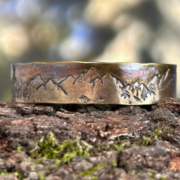 Mountains and Trees Bronze Cuff Bracelet, Personalized Bracelet - Garden’s Gate Jewelry