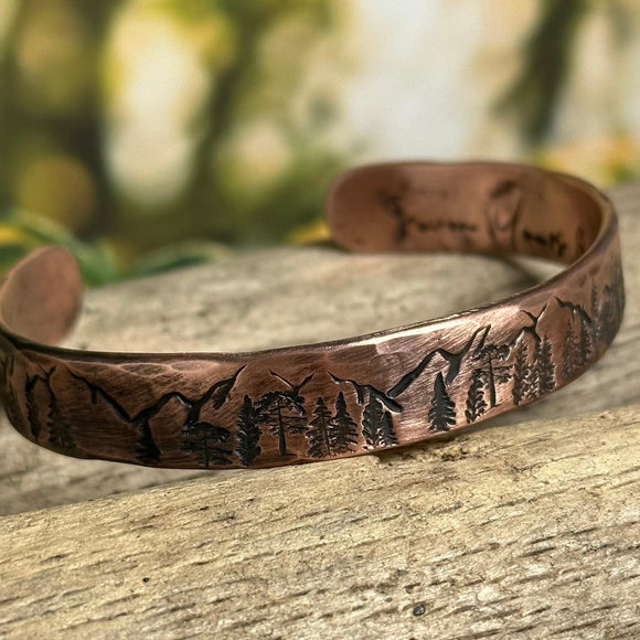 Mountains and Trees Copper Cuff Bracelet, Personalized Bracelet - Garden’s Gate Jewelry