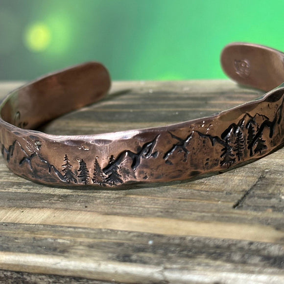 Wilderness Wonders: Custom Copper Cuff Bracelet with Mountain and Tree Designs - Garden’s Gate Jewelry