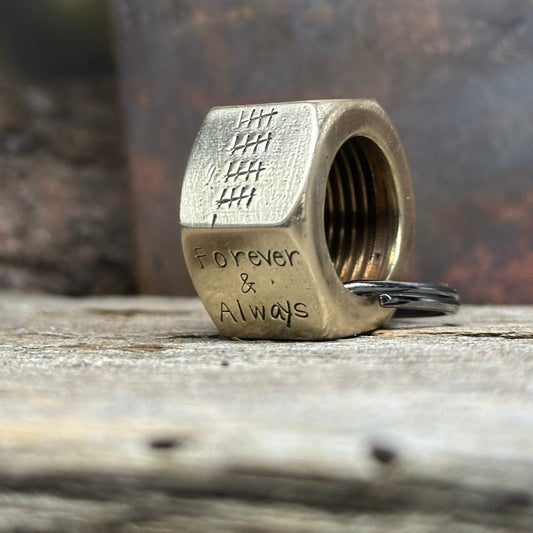 21st Anniversary Brass Hex Nut Keychain – Custom Engraved - Garden’s Gate Jewelry