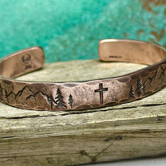 Handmade Cross in the Mountains Copper Cuff Bracelet - Garden’s Gate Jewelry