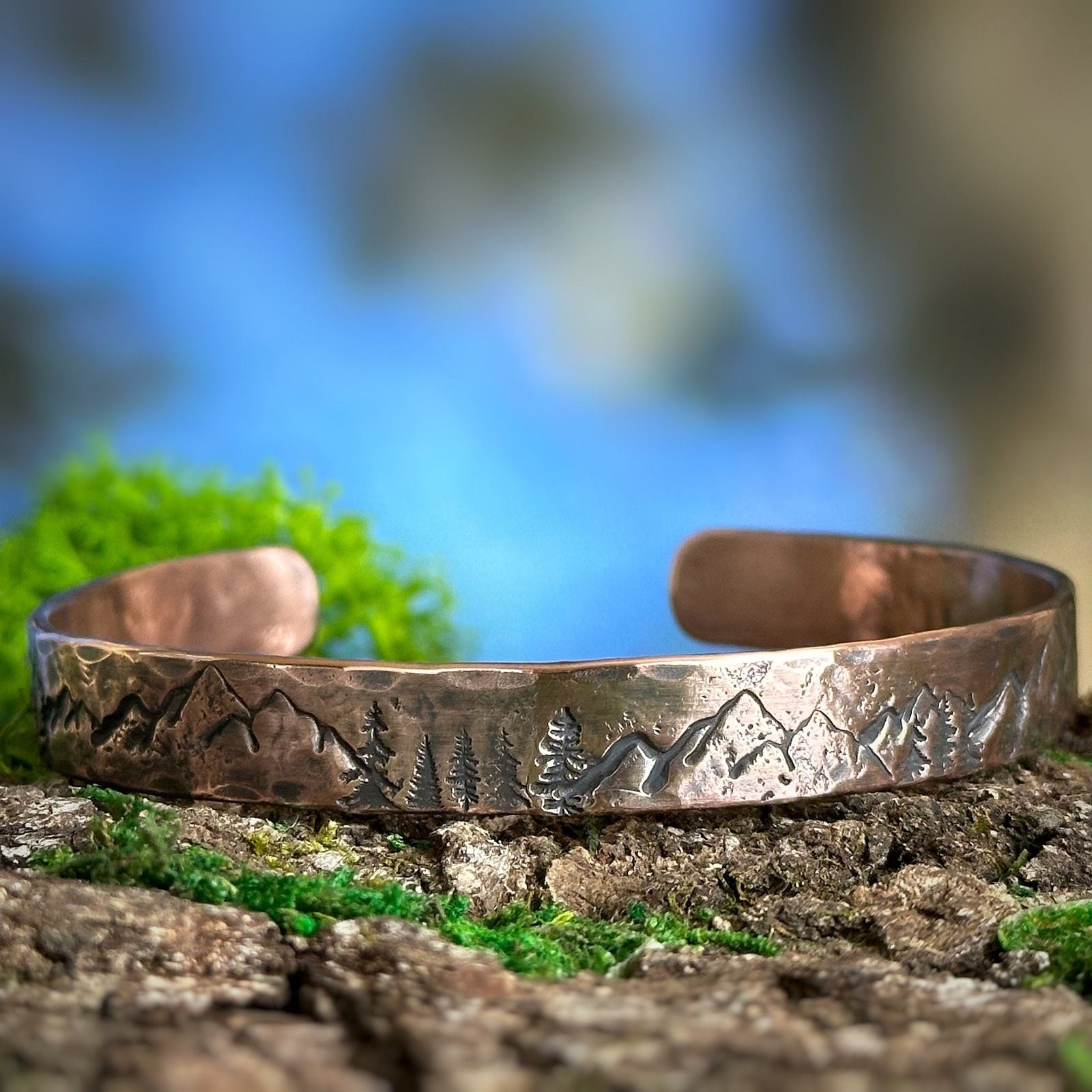 Wilderness Wonders: Custom Copper Cuff Bracelet with Mountain and