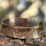 Mountains and Trees Bronze Cuff Bracelet, Personalized Bracelet - Garden’s Gate Jewelry